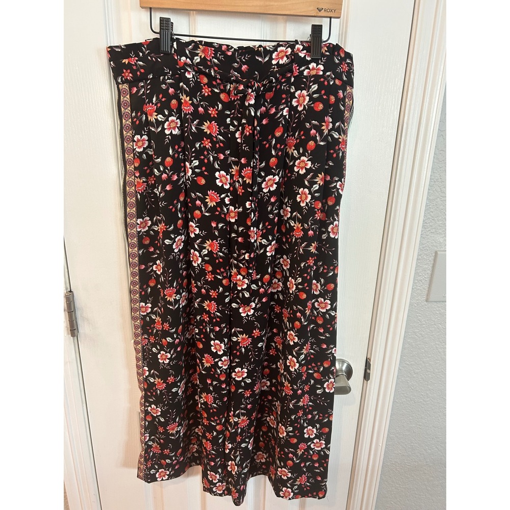 ❤️ Adrienne Vittadini Wide Leg Pants Black Floral Tie Waist Side Stripe